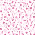 Vector seamless pattern with pink mice, cat paw prints and fish skeletons.